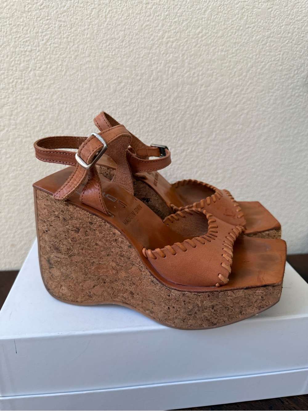VTG 90s Sonax Spain Cork Platform Wedge Sandals EU 36 US 5.5-6 Cognac Leather - Picture 2 of 14